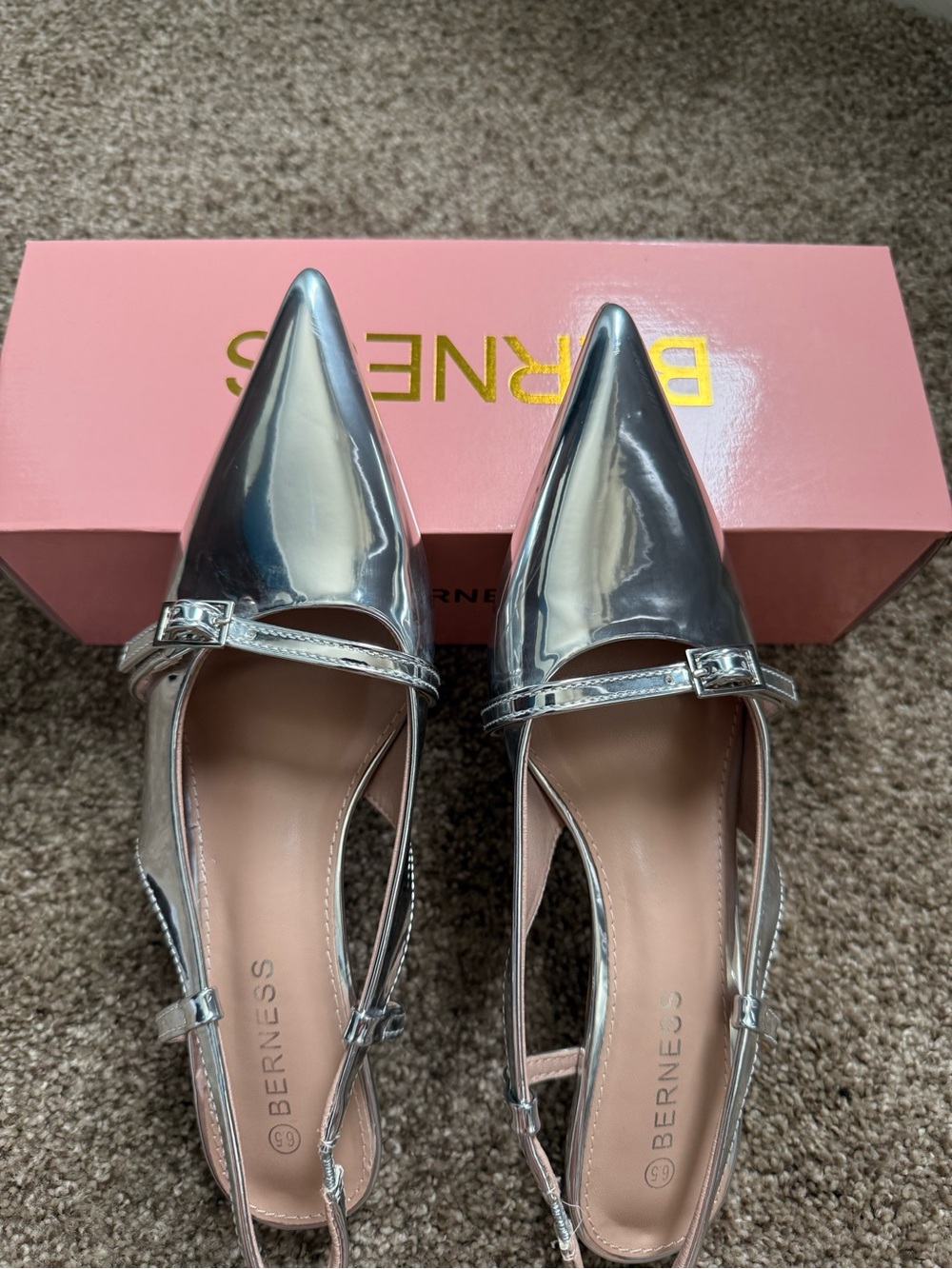 BERNESS Silver Pointed Slingback Flats. Wore only once.